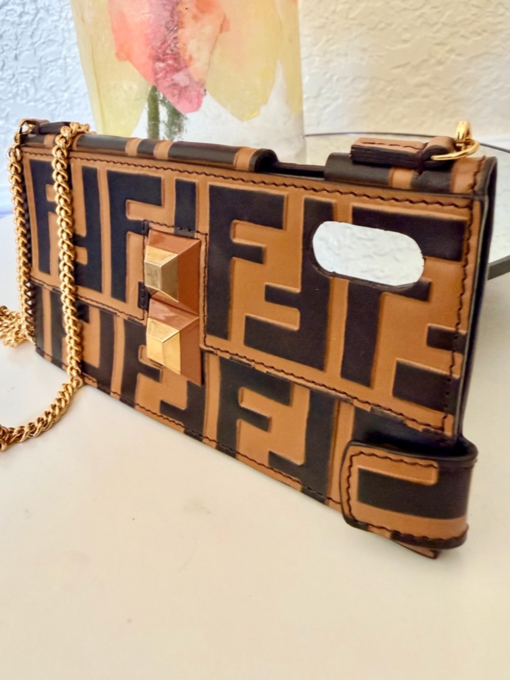 Fendi Brown Black Zucca Leather Bag  iPhone Case Bag Gold Strap X/XS & More - Picture 12 of 15